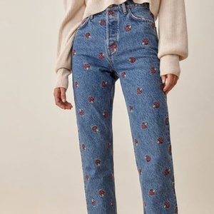 Mushroom Embroidered High Rise Straight Jeans